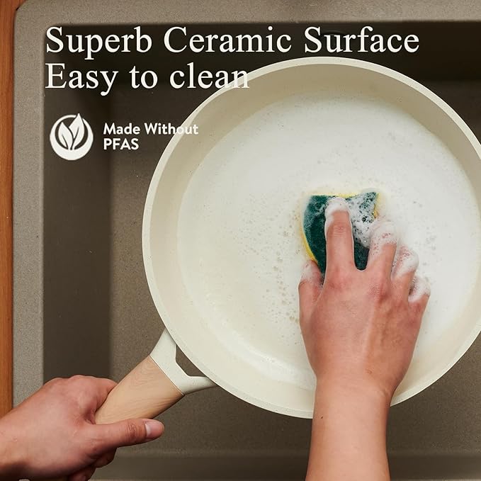 Pots and Pans Set Non Stick Non-Toxic 22 Pcs Ceramic Cookware Sets Nonstick Kitchen Pot&Pan With Lid Cream White Granite Induction Compatible with Glass Lids Crepe Frying Pan PFOA/PFOS-Free