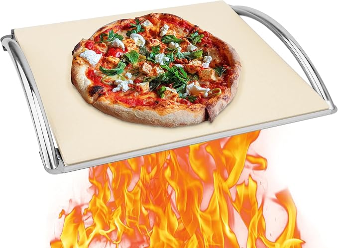 Skyflame 16” Rectangle Pizza Stone and Stainless Steel Rack with Handle, Heavy Duty Baking Stone Ideal for Most Charcoal/Gas Grills, Pizza Oven and Smoker