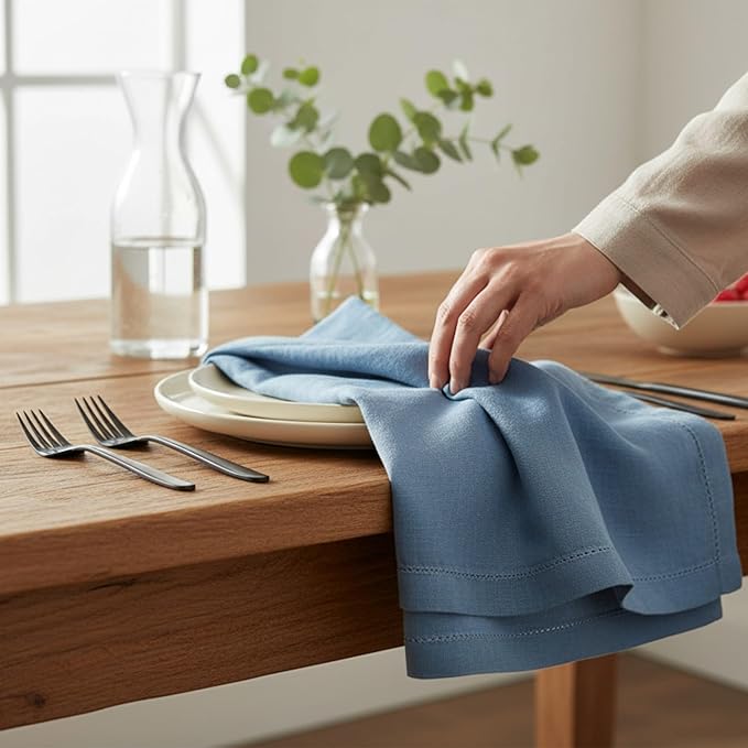 Hemstitched Linen Napkins – 20 Inch x 20 Inch – Stonewashed Pure Linen Cloth Dinner Napkins with Mitered Corners - 100% French Flax – Machine Washable - Set of 4 (Dusty Pastel Blue)
