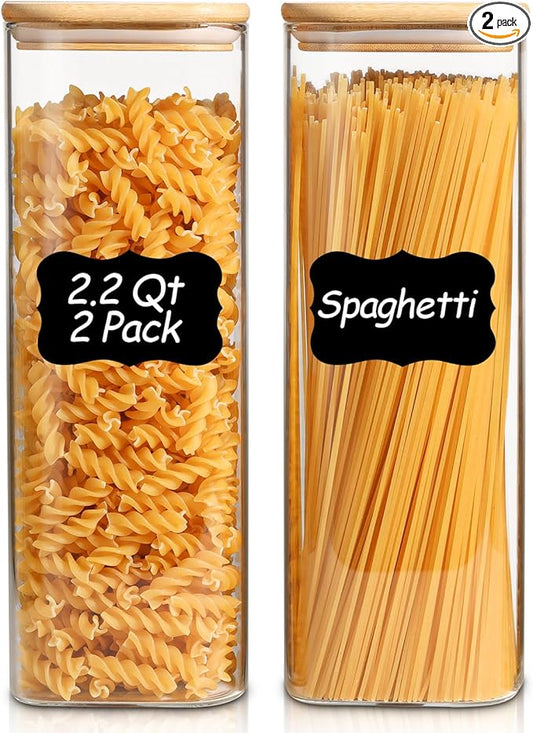 Rectangle Glass Storage Containers with Lids, Glass Jars with Bamboo Lids for Spaghetti, Pasta, Kitchen Pantry Storage Containers (2 pack 2.2qt)