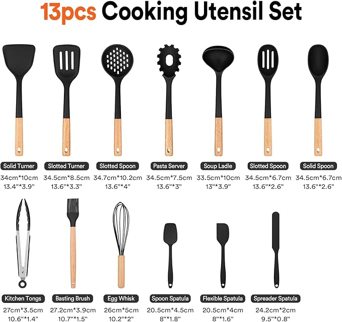 Kitchen Utensils Set, 13PCS Silicone Cooking Utensils, Heat Resistant Kitchen Utensil Spatula Set for Nonstick Cookware, Wooden Handles Kitchen Gadgets Tools Set