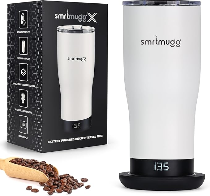 X Heated Coffee Mug 19 oz., 8 Hour Battery Life, Self-Heating, Adjustable Temp Controlled, LCD Screen, Includes Cover with Magnetic Slider (Black) (White)