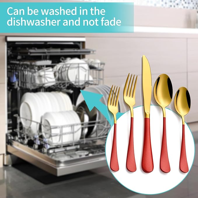 20-Piece Gold and Red Silverware Set for 4, 18/0 Stainless Steel Flatware Cutlery Utensils Set, Include Dinner Knives,Dinner Forks,Dinner Spoons,Salad Forks,Teaspoons,Dishwasher Safe…, ZT-2223