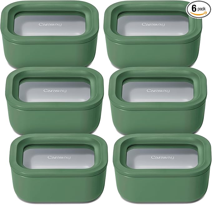Caraway 6pc Glass Food Storage Set - 2.6 Cup Storage Containers For Food (6) - Non-Toxic Ceramic-Coated Glass - Air Release Technology - Compact & Stackable Design - Sage