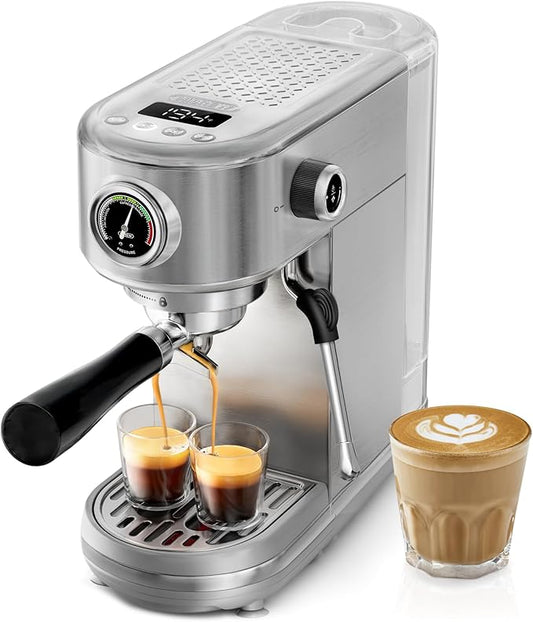 HIBREW H10B - 51mm Espresso Machine - Temperature & Cup Volume Adjustable at will - With Intelligent Display Screen & Pressure Gauge - Stainless Steel Body(Metallic Silver)