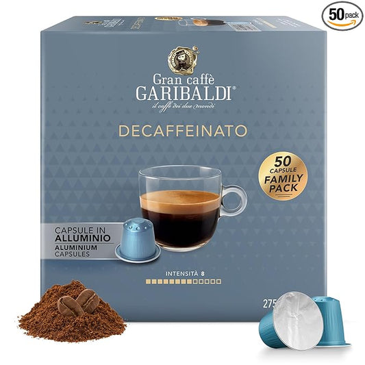 Gran Caffè Garibaldi Decaffeinated Espresso Pods, Italian Roast Coffee, Decaf Capsules Compatible with Nespresso Original Line Machines, Nitrogen Flushed, Intense & Rich Aroma - Decaffeinato (Aluminum) 50 Cups