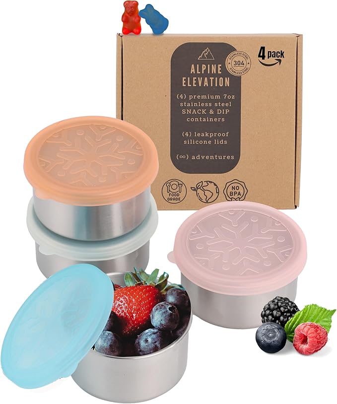 4x7.4oz Stainless Steel Snack Containers with 4 Lids - 8pcs | Metal Food Storage | Dip and Condiment Containers | Stainless Steel Mini Container