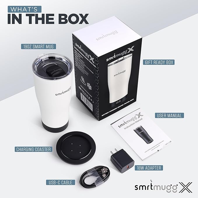 X Heated Coffee Mug 19 oz., 8 Hour Battery Life, Self-Heating, Adjustable Temp Controlled, LCD Screen, Includes Cover with Magnetic Slider (Black) (White)