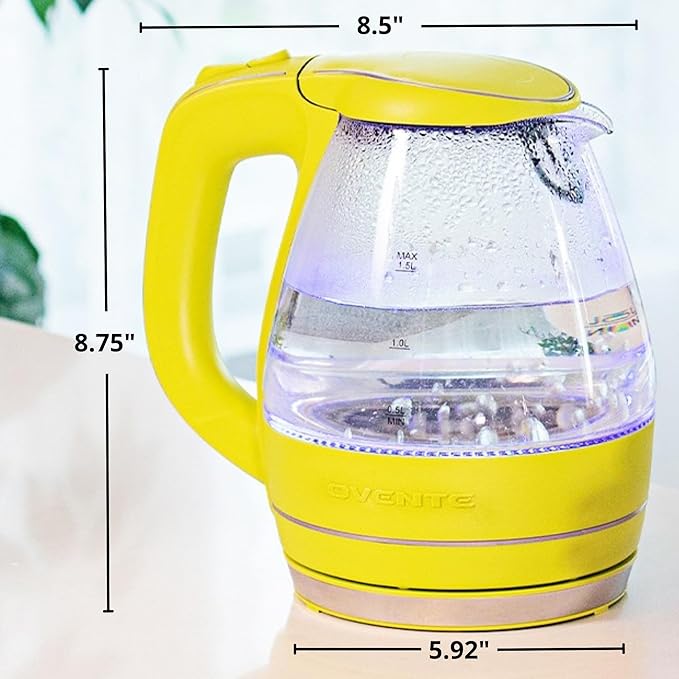 OVENTE Electric Kettle, 1.5L Borosilicate Glass Countertop Water Heater and Boiler for Coffee or Tea, BPA-Free, Auto Shut-Off,  Boil-Dry Protection, Removable and Washable Spout Filter, Green KG83G