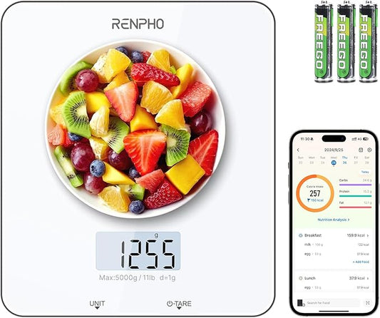 RENPHO Food Scale with Nutritional Calculator, Digital Kitchen Scale for Weight Loss, Smart Food Weight Scale with App for Macro Keto Calorie Cooking, Grams and Ounces, White, 11lb/5kg
