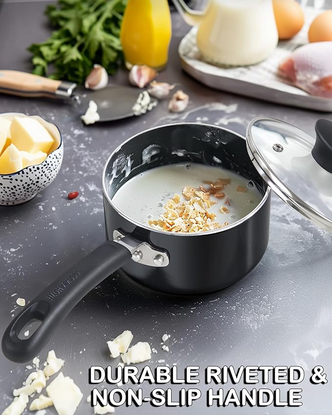 Cook N Home Nonstick Sauce Pan with Glass Lid 3-Qt, Multi-purpose Pot Saucepan Kitchenware, Black, Aluminum