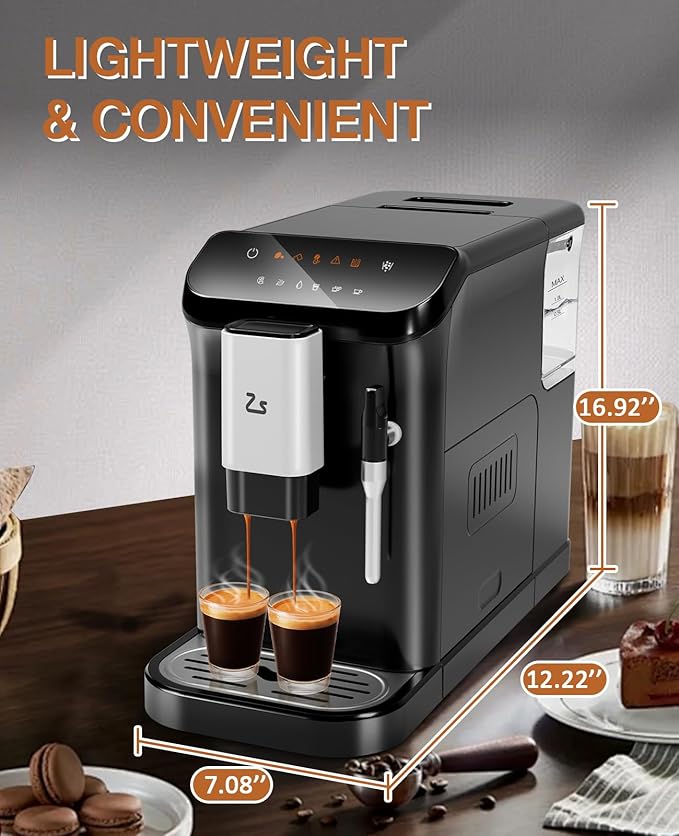 IDEALHOUSE Fully Automatic Espresso Machine with Grinder and Milk Frother, Touchscreen Coffee Maker, 20 Bar Pressure, 1.5L Water Tank, One-Touch Latte and Cappuccino