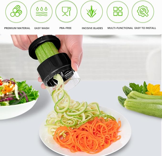 Handheld Spiralizer, 3-in-1 Zucchini Spiralizer Noodle Maker, Spiralizers for Veggie Noodles, Perfect for Zucchini, Carrots, & More, Portable Kitchen Tool (Black)