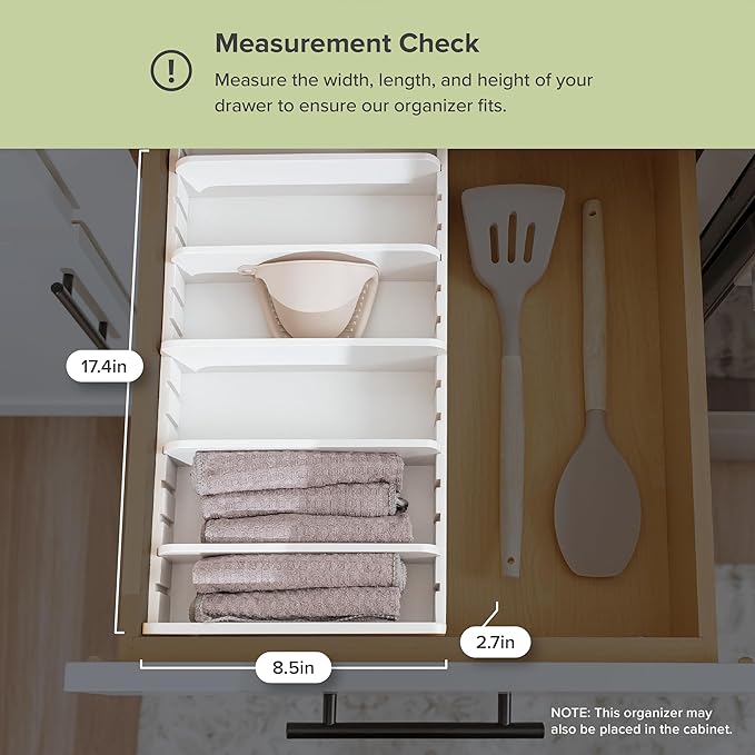 Bamboo Kitchen Towel and Food-Storage Organizer, Perfect for Kitchen Drawers, Cabinets, Pantry, 5 Adjustable Wall Inserts, Non-Slip Feet, Organize Food Containers, Food-Safe White Finish