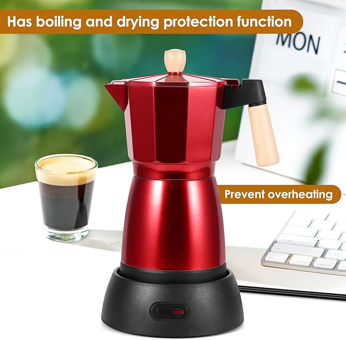 AOZBZ Moka Pot Electric Espresso Coffe Maker, 300ml 6 Cups Portable Coffee Pot with Overheat Protection and Detachable Base, Electric Espresso Maker, 450W, Red