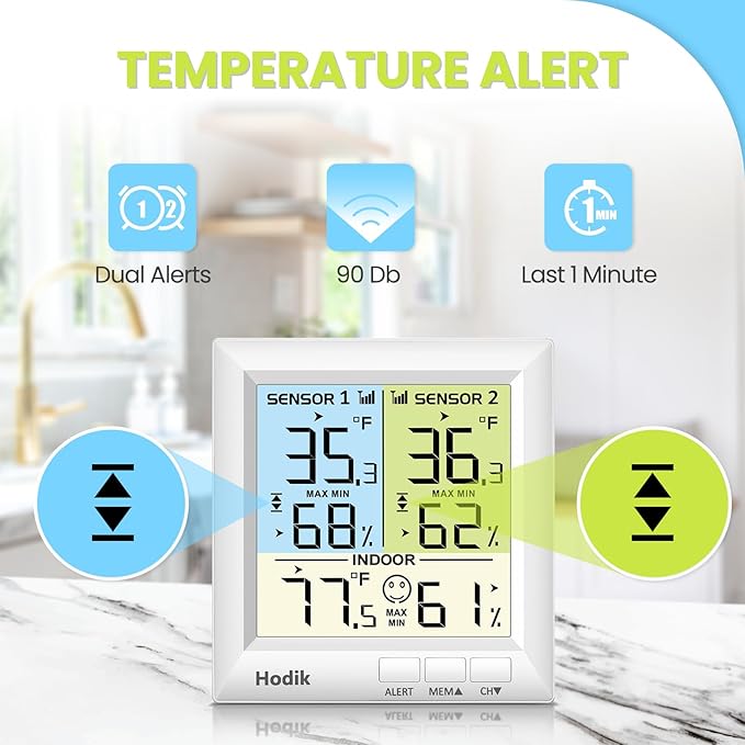 Wireless Freezer Thermometer with Alarm Refrigerator Thermometer, Fridge Freezer Alarm Thermometer Digital with 3 Adjustable Backlight and 330FT Remote Range for Kitchen Home Restaurant