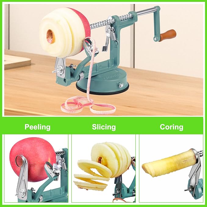 Apple Peeler Corer, Long lasting Chrome Cast Magnesium Alloy Apple Peeler Slicer Corer with Stainless Steel Blades and Powerful Suction Base for Apples and Potato(DeepGreen)