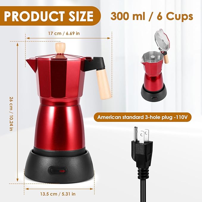 AOZBZ Moka Pot Electric Espresso Coffe Maker, 300ml 6 Cups Portable Coffee Pot with Overheat Protection and Detachable Base, Electric Espresso Maker, 450W, Red