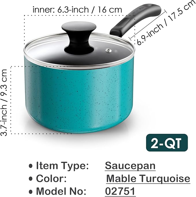 Cook N Home Non Stick Sauce Pan, 2 Quarts Saucepan with Glass Lid, Nonstick Small Multi-purpose Pot, Milk Chocolate Aluminum Cooking Pot Pan with Stay-Cool Handle, Turquoise