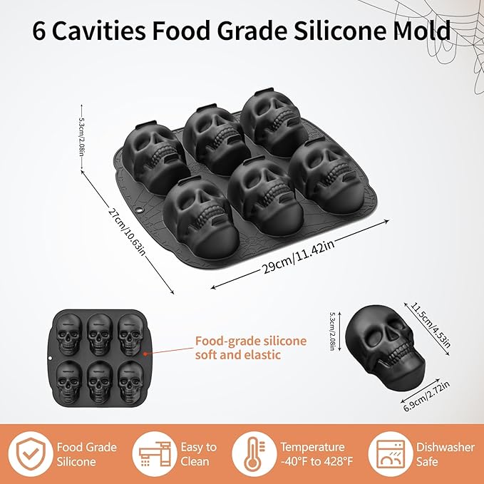 Halloween Skull Silicone Molds for Baking, 6 Cavities 3D Skull Baking Pan for Cake Chocolate, Skeleton Mold for Pizza Ice Wax Melt Jelly Resin (Black)