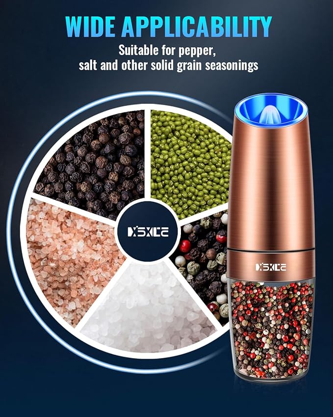 XinXu Gravity Electric Pepper and Salt Grinder Set, Adjustable Coarseness, Battery Powered with LED Light, One Hand Automatic Operation, Stainless Steel -Copper/2 Pack