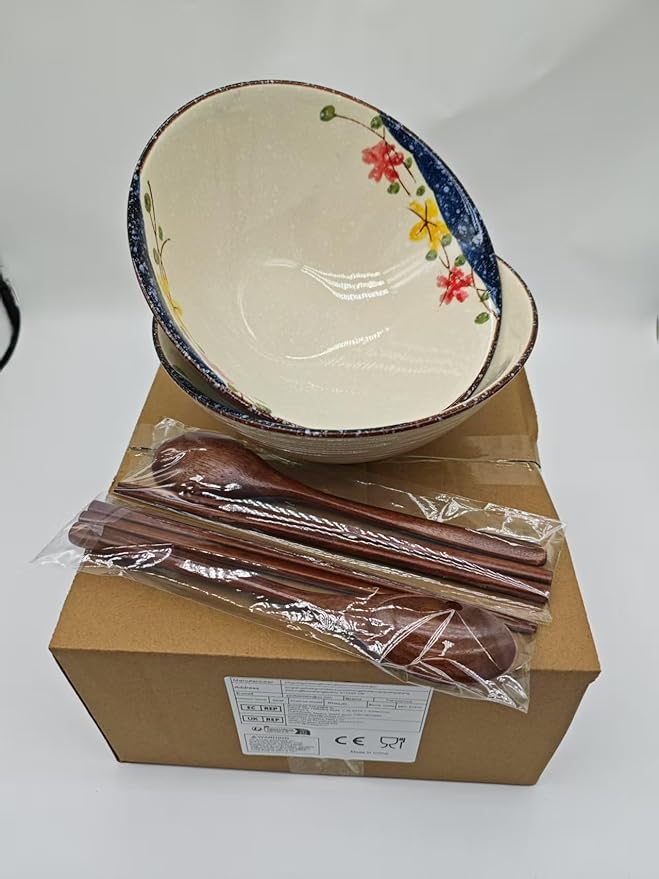 2 x 40 OZ ceramic ramen bowls, 8 IN large Japanese noodle soup bowl, match chopsticks and spoons, suitable for Pho, Udon Asian noodles (Colorful flowers 2 set)