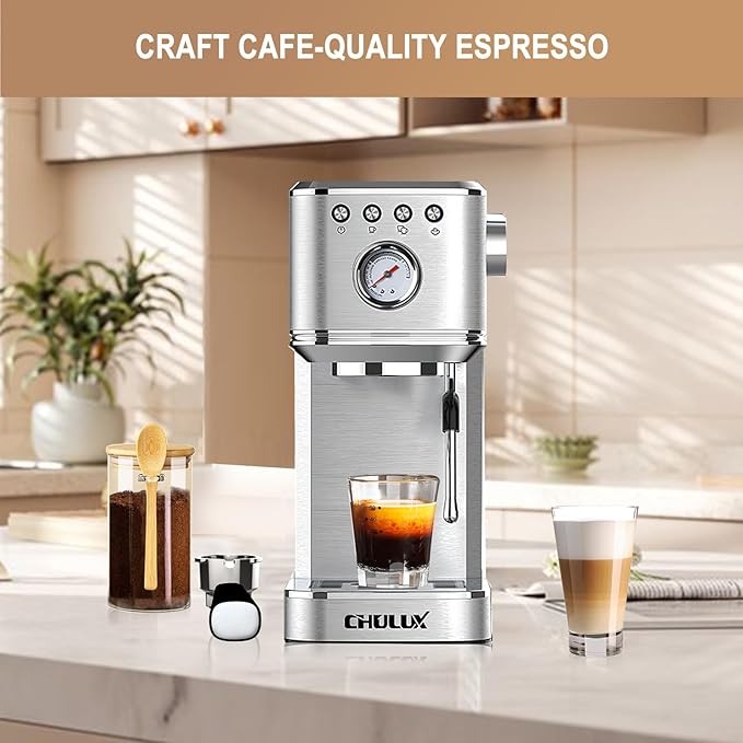 CHULUX Kom-Pro Espresso Machine 20 Bar, Semi Automatic Stainless Steel Coffee Machine for Home Latte Cappuccino Espresso Maker, Powerful Milk Frother Steam Wand