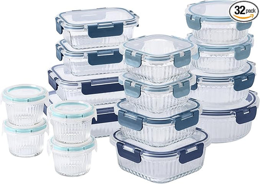 COOK WITH COLOR Premium 32-Pc. Borosilicate Glass Food Container Set with Dividers - 4 Rectangles, 8 Rounds, 4 Squares - Leakproof Lids - Meal Prep, Storage, Fluted Ombre Blue