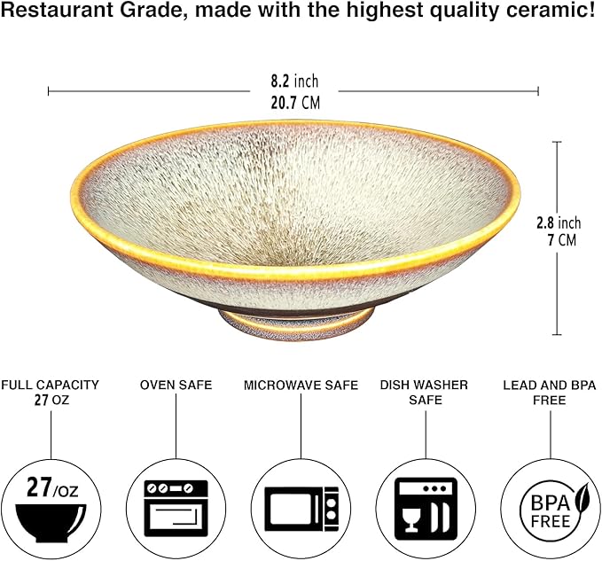 Ceramic Japanese Ramen Noodle Soup Bowl Set of 2, For Ramen, Pho, Soup, Salad, pasta, Asian Dishes,Udon noodles,Chinese Large Ramen Bowl - Microwave dishwasher oven safe, Brown 8.2 Inch