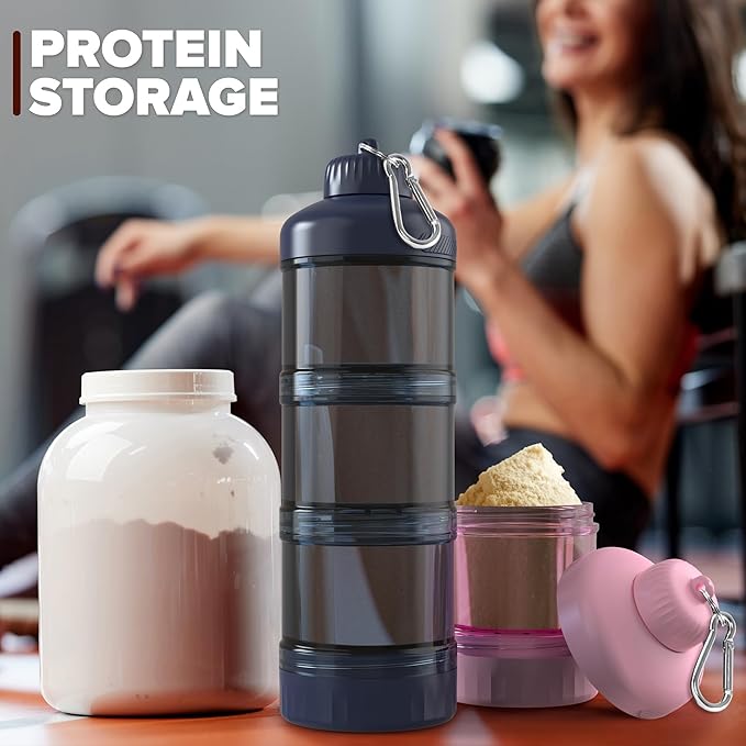 BYLWORKOUT 3-Layer Protein Powder Travel Container with Funnel and Keychain | Portable Food Storage Organizer for Gym, Fitness, Kitchen, Camping, Hiking, and Travel (Ink Blue)