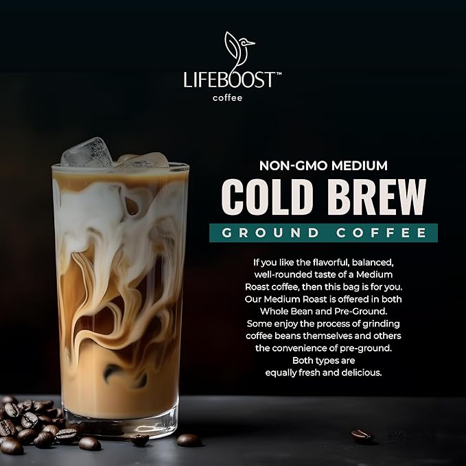 Lifeboost Low Acid Cold Brew Coffee – Organic Coarse Ground Medium Roast for Cold Brew – Single Origin, Non-GMO, 3rd Party Tested for Mycotoxins & Pesticides, USDA Organic – Smooth & Bold Flavor – 12 oz Bag