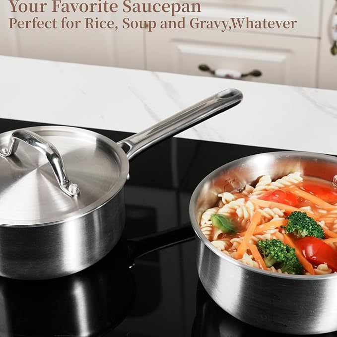 Saucepan Set with Lids,3-Ply Stainless Steel 1.5QT and 3QT Cooking Pot,Professional Grade Cookware,Induction Compatible