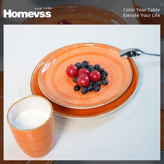 Highland 16-Piece Dinnerware Set Service for 4, Organic Shape Stoneware Plates and Bowls Set, Scratch Resistant, Microwave and Dishwasher Safe, Speckled Effect Handcrafted, Swirl Orange