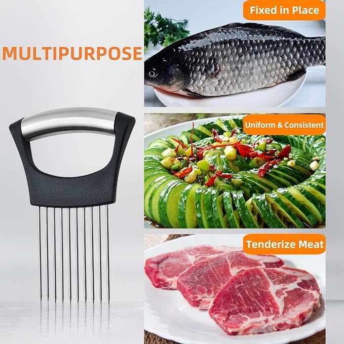 Onion Holder for Slicing, Upgrade Stainless Steel Onion Slice Holder Lemon Slicer Vegetable Cutter, Assistant Tool for Slicing Fruit, Potato, Tomato and Meat (2 Pack)