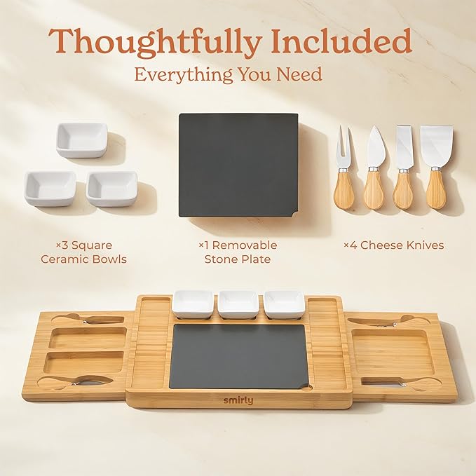 Smirly Charcuterie Board Set - Large Bamboo Cheese Board for Serving - House Warming Gifts New Home, Wedding & Bridal Shower Gift, Birthday Gift for Women