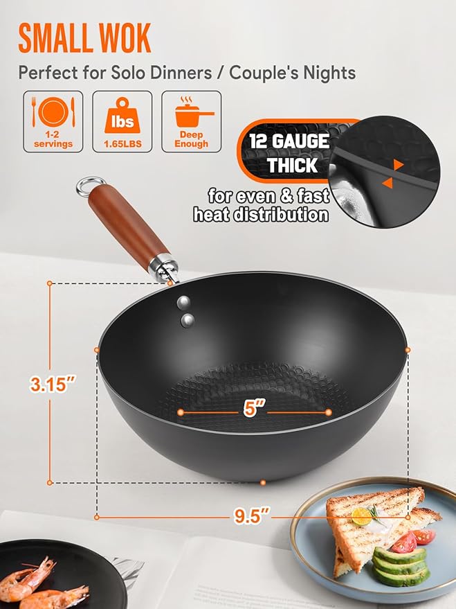 Carbon Steel Wok Pan, 9.5" Authentic Chinese Stir-Fry Pans Set with Glass Lid, 1.65lb Lightweight Flat Bottom Small Wok for 1-2 Servings