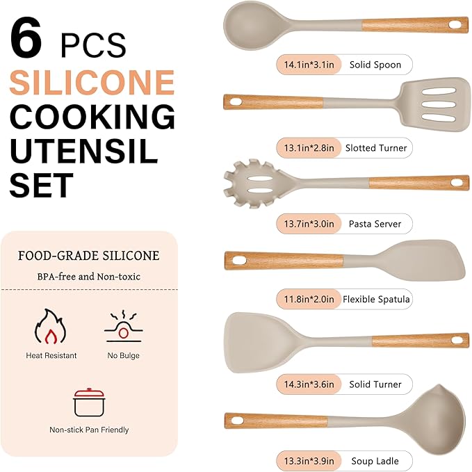 Silicone Cooking Utensils Set, Heat Resistance Large Kitchen Utensils Set with Long Wooden Handle, BPA-free Silicone Spatula, 6 Pcs Cooking Spoons for Non Stick Frying Pans and Pots(Khaki）