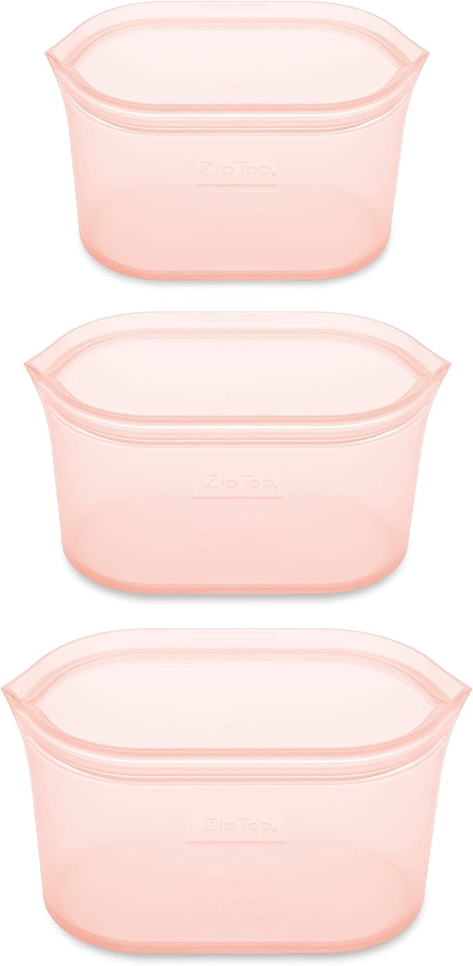 Zip Top Reusable Food Storage Bags | 3 Dish Set [Peach] | Silicone Meal Prep Container | Microwave, Dishwasher and Freezer Safe | Made in the USA