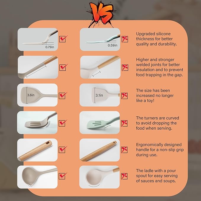 Silicone Cooking Utensils Set, Heat Resistance Large Kitchen Utensils Set with Long Wooden Handle, BPA-free Silicone Spatula, 6 Pcs Cooking Spoons for Non Stick Frying Pans and Pots(Khaki）