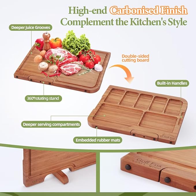 4-PCS Bamboo Cutting Board Set, Wood Cutting Board for Kitchen with Innovative Stand, Juice Groove & Handle, Double Sided for Chopping & Charcuterie Board, Kitchen Gift for Home Cooks, For Meat &Fruit