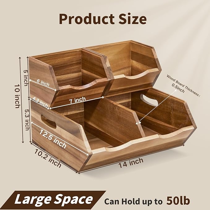 Acacia Wood Pantry Storage Bins, Stackable Storage Baskets Potato and Onion Storage Bins, Pantry Organizer Wooden Baskets Organization and Storage, Set 3 Pieces