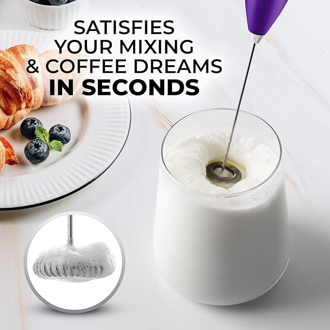 Zulay Kitchen Powerful Milk Frother Wand - Ultra Fast Handheld Drink Mixer - Electric Whisk Foam Maker for Coffee, Lattes, Cappuccino, Frappe, Matcha & Coffee Creamer - Milk Boss Deep Purple
