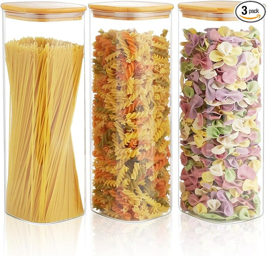 82 Oz Glass Storage Containers with Bamboo Lids, Square Glass Canister Sets Clear Glass Pantry Storage Containers with Lids for Cookie Flour Oat Pasta Tea Coffee Bean, Set of 3