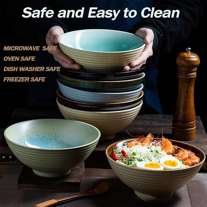 8 Inch 40oz Large Japanese Ramen Bowl Set of 2,Material Safety Ceramic Ramen Bowls with Matching Chopsticks and Spoons, Pho Bowls Ramen Noodle Bowl for Asian Udon Soup Salad Cereal(Red)