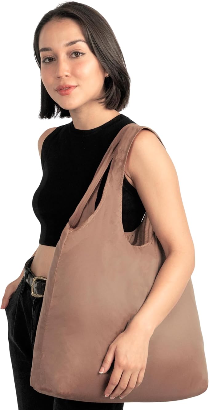 Nanobag Ultra-Lightweight Heavy Duty Foldable Tote for Women & Men, Reusable Grocery & Travel Bag, Packable Collapsible Compact Market Essential (XL Mocha)