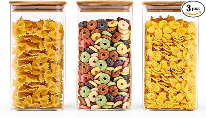 Glass Food Storage Jars Square 44oz, 3 Pack Glass Jars With Bamboo Lids, Kitchen Storage Containers For Spice, Candy, Cookie, Storage For Pantry Organizers