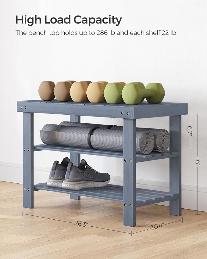 SONGMICS Shoe Rack Bench, 3-Tier Bamboo Shoe Storage Organizer, Entryway Bench, Holds Up to 286 lb, 11.3 x 27.6 x 17.8 Inches, for Entryway Bathroom Bedroom, Grey ULBS04GY