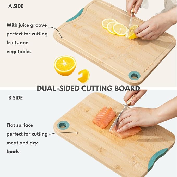 Aged Bamboo Cutting Board for Kitchen, Double-Sided Reversible with Juice Groove, Thick Durable, Standing Design for Fruits Meat Vegetables, Set of 2