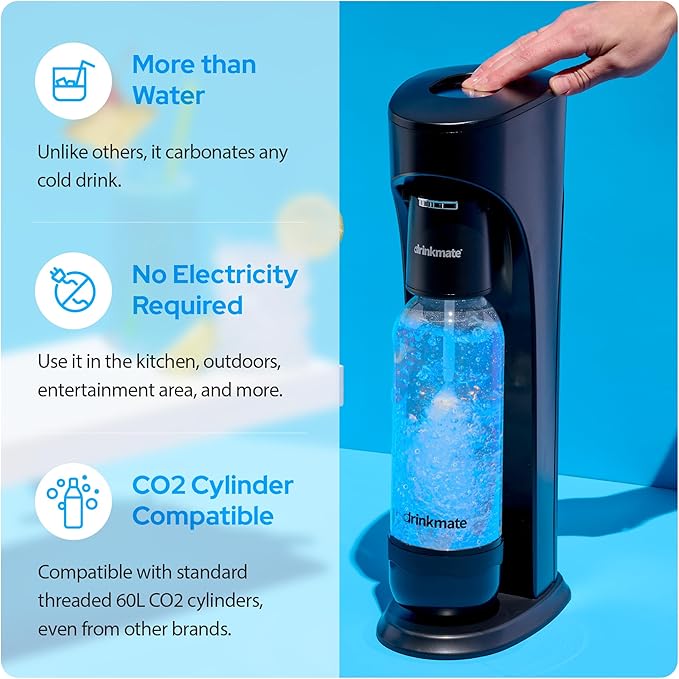 Drinkmate OmniFizz Sparkling Beverage Maker CO2 Bundle - Sparkling Water/Soda Streaming Machine That Carbonates Any Drink - Includes 4 CO2 Cylinders, 1 Carbonation Bottle, 1 Fizz Infuser - Matte Black