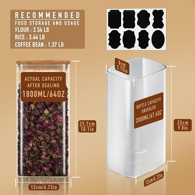 64oz Rectangle Airtight Glass Storage Containers with Bamboo Lids (Set of 3), Square Food Storage Jar, Pantry Organizers for Cereal, Flour, Pasta and Coffee beans (‎with Black Lable)